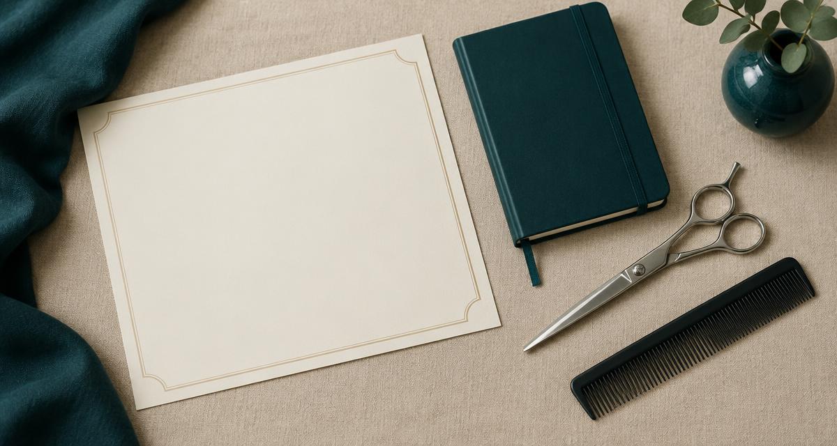A blank certificate sheet, a notebook, scissors and a comb on a linen surface